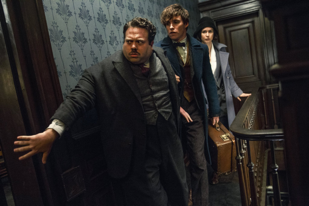 Dan Fogler, Eddie Redmayne and Katherine Waterston in a scene from the movie Fantastic Beasts and Where To Find Them. Dan Fogler, Eddie Redmayne and Katherine Waterston in a scene from the movie Fantastic Beasts and Where To Find Them.