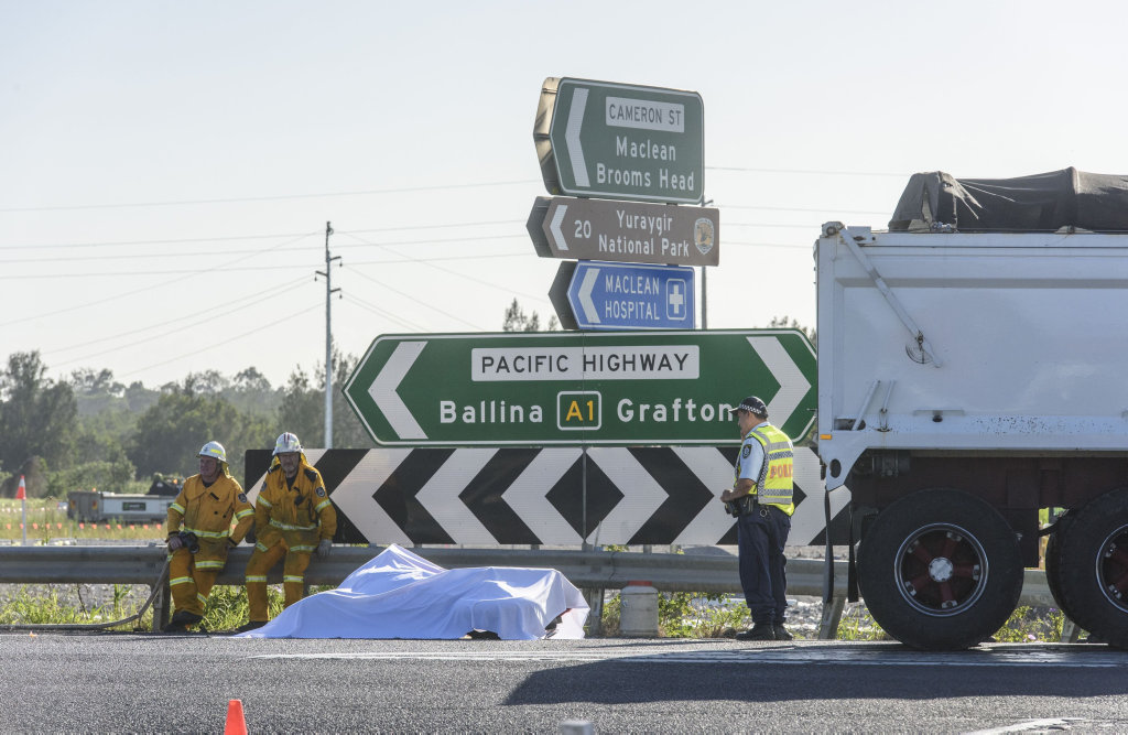 Images from the scene of a collision between a truck and motorcycle on the Ferry park turnoff on the Pacific Highway near Maclean. Images from the scene of a collision between a truck and motorcycle on the Ferry park turnoff on the Pacific Highway near Maclean.