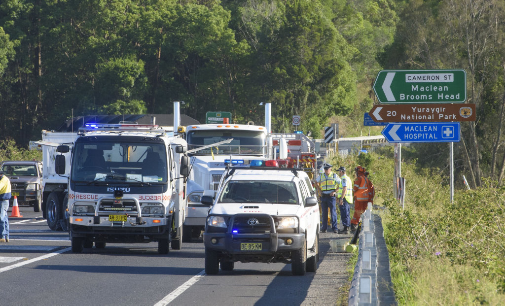 Images from the scene of a collision between a truck and motorcycle on the Ferry park turnoff on the Pacific Highway near Maclean. Images from the scene of a collision between a truck and motorcycle on the Ferry park turnoff on the Pacific Highway near Maclean.