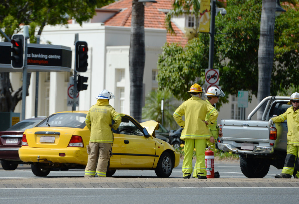 Emergency services respond to a traffic accident at the intersection of Fitzroy and East Streets in Rockhampton. Emergency services respond to a traffic accident at the intersection of Fitzroy and East Streets in Rockhampton.