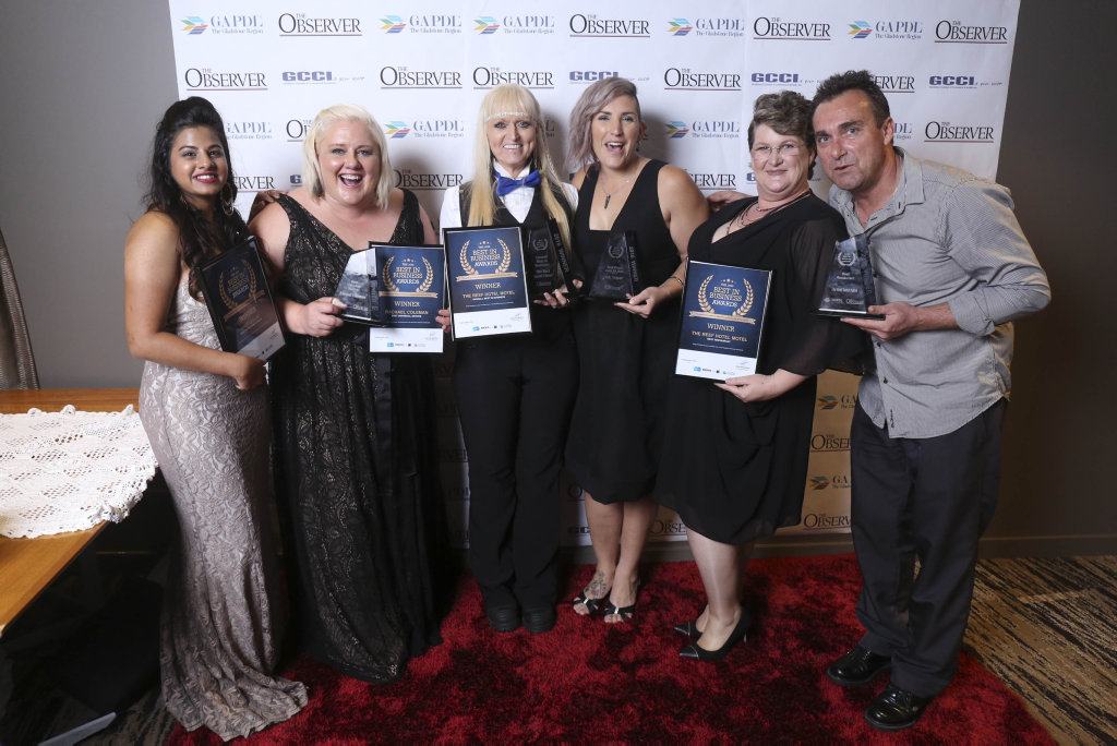 Reef Hotel /Star Liquor Group Lameez Yunas, Rachel Coleman, Anna Dowling, Maddie Condren, Darlz Mckenzie and Darren Hutchinson. Gladstone Observer's Best in Business Awards 2016. Reef Hotel /Star Liquor Group Lameez Yunas, Rachel Coleman, Anna Dowling, Maddie Condren, Darlz Mckenzie and Darren Hutchinson. Gladstone Observer's Best in Business Awards 2016.