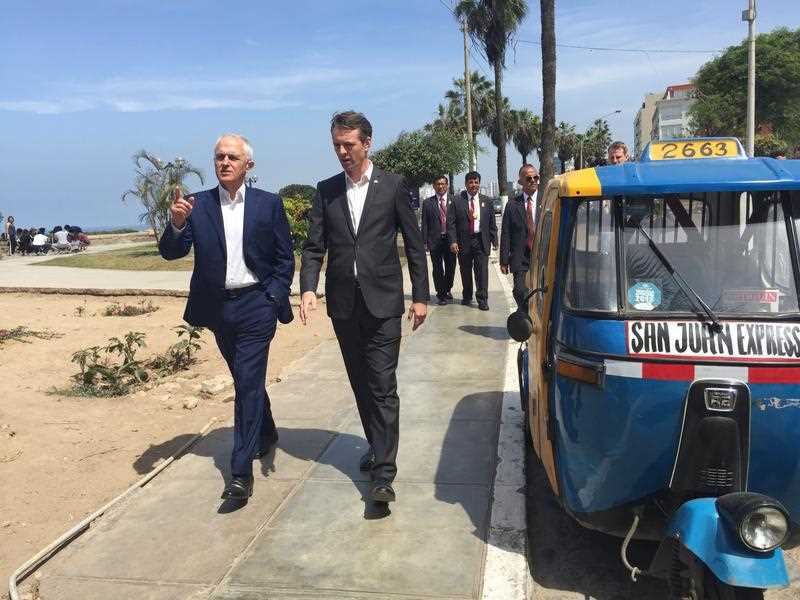 Prime Minister Malcolm Turnbull (L) takes a stroll along Malecon Barranco cliff top in Lima with Australian ambassador Nick McCaffrey, after arriving for the APEC leaders summit, Friday, Nov 18, 2016. Prime Minister Malcolm Turnbull (L) takes a stroll along Malecon Barranco cliff top in Lima with Australian ambassador Nick McCaffrey, after arriving for the APEC leaders summit, Friday, Nov 18, 2016.