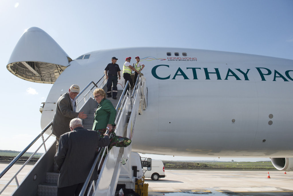 Members of the Wagner family board the Cathay Pacific 747-8 jumbo cargo plane at Wellcamp Airport bound for Hong Kong, Monday, November 23, 2015. Photo Kevin Farmer / The Chronicle Members of the Wagner family board the Cathay Pacific 747-8 jumbo cargo plane at Wellcamp Airport bound for Hong Kong, Monday, November 23, 2015. Photo Kevin Farmer / The Chronicle