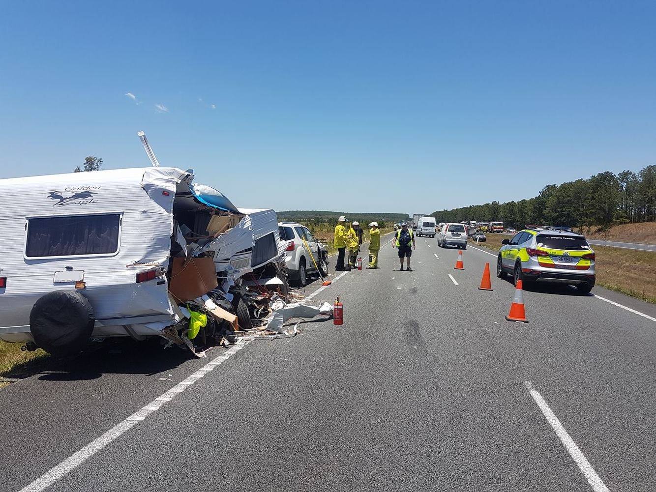 SMASHED: A truck and caravan crash has blocked the Bruce Hwy. SMASHED: A truck and caravan crash has blocked the Bruce Hwy.