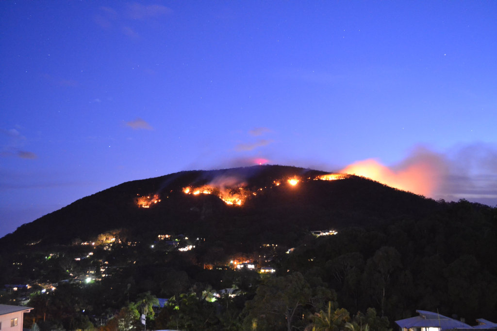Fire burn in bushland on Mt Coolum about 7.30pm on November 28, 2016. Fire burn in bushland on Mt Coolum about 7.30pm on November 28, 2016.