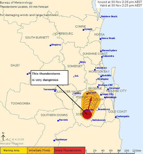 The Bureau of Meteorology warns that, at 2:25 pm, very dangerous thunderstorms were detected on the weather radar near Boonah and Kooralbyn. The Bureau of Meteorology warns that, at 2:25 pm, very dangerous thunderstorms were detected on the weather radar near Boonah and Kooralbyn.