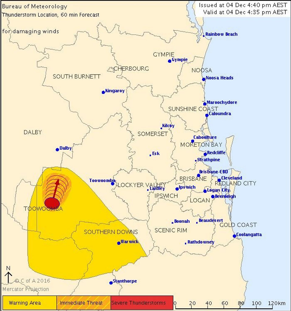 The Bureau of Meteorology has issued a severe thunderstorm warning for the Darling Downs. The Bureau of Meteorology has issued a severe thunderstorm warning for the Darling Downs.