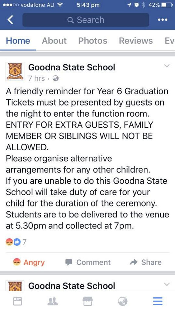 A post on Goodna State School's Facebook Page reminding parents only guests with tickets would be allowed into the graduation ceremony. A post on Goodna State School's Facebook Page reminding parents only guests with tickets would be allowed into the graduation ceremony.