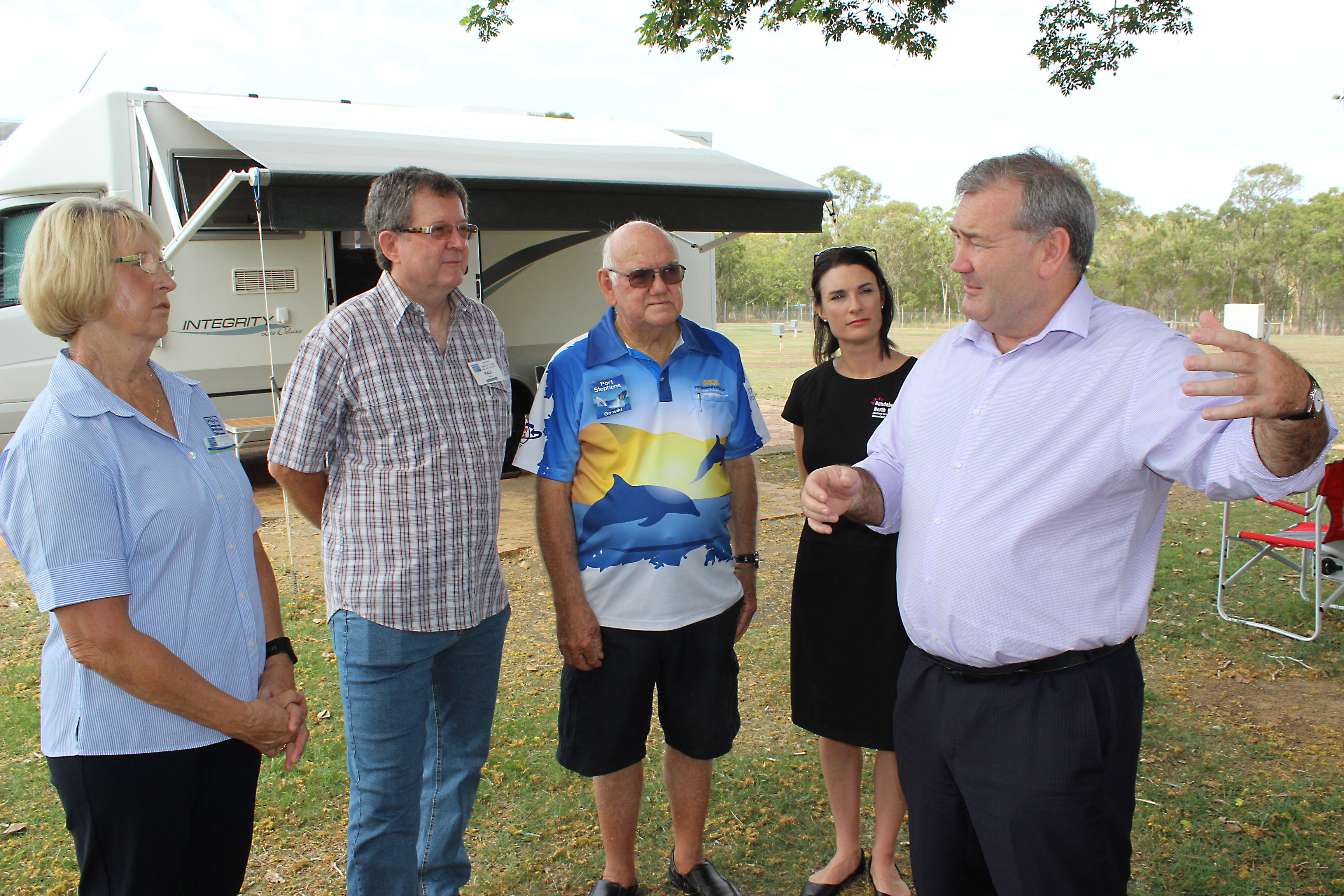Mayor Jack Dempsey discusses news that Bundaberg will host the 2017 CMCA National Rally in October next year with (from left) Eleanor Scully, Paul Scully (CMCA Rally Manager); local motorhome owner Arthur Bugden and Katherine Mergard, General Manager BNBT. Mayor Jack Dempsey discusses news that Bundaberg will host the 2017 CMCA National Rally in October next year with (from left) Eleanor Scully, Paul Scully (CMCA Rally Manager); local motorhome owner Arthur Bugden and Katherine Mergard, General Manager BNBT.