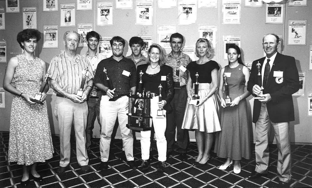 1992 sports star of the year top 10: from left, Joanne Powell, John Ryan (for son Tony), Greg Ford, Shaun Ulrick, Brent Livermore, Tanya Burrows (winner), Greg Thompson, Ros Donohoe (for Rees Duncan), Noel Everson (for Judy Cox).Photo Daily Examiner Archives 1992 sports star of the year top 10: from left, Joanne Powell, John Ryan (for son Tony), Greg Ford, Shaun Ulrick, Brent Livermore, Tanya Burrows (winner), Greg Thompson, Ros Donohoe (for Rees Duncan), Noel Everson (for Judy Cox).Photo Daily Examiner Archives