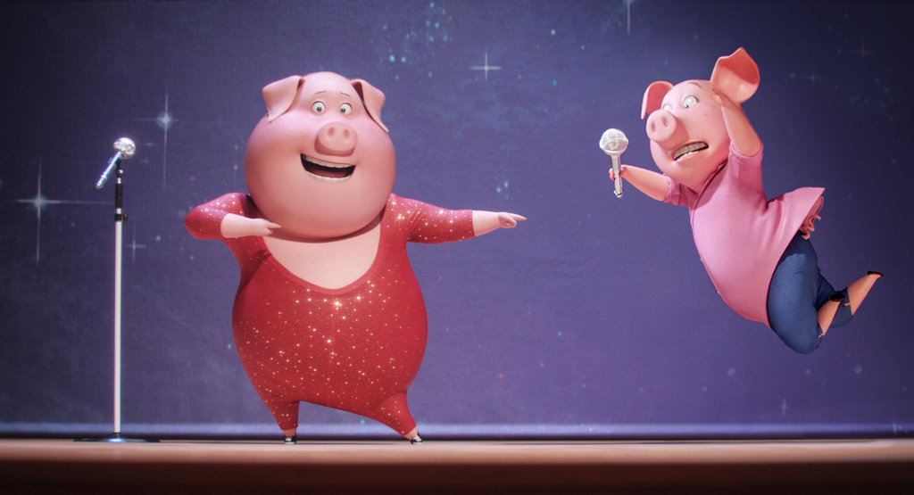 The characters Gunter and Rosita in a scene from the movie Sing. The characters Gunter and Rosita in a scene from the movie Sing.