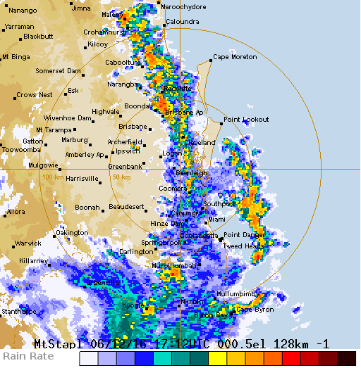 The BOM radar shows the storm line stretching along the coastline. The BOM radar shows the storm line stretching along the coastline.