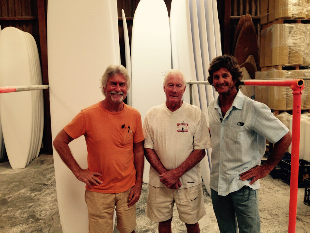 Filmmaker Phil Jarratt pictured with Mark Warren with Barry Bennett in Brookvale, NSW during filming for the TV documentary Men of Wood & Foam. Filmmaker Phil Jarratt pictured with Mark Warren with Barry Bennett in Brookvale, NSW during filming for the TV documentary Men of Wood & Foam.