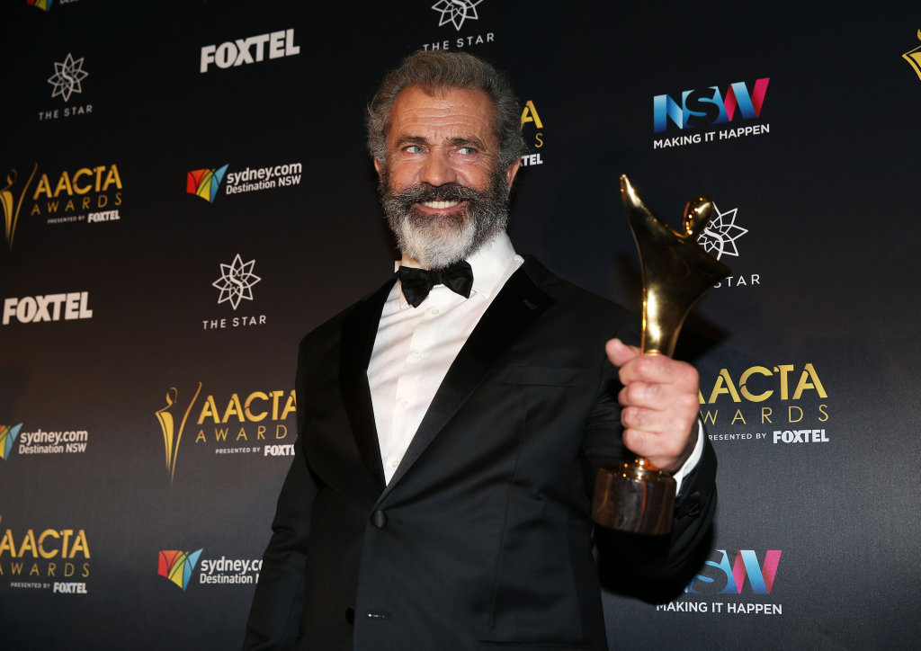 Mel Gibson poses in the media room after winning the AACTA Award for Best Direction for Hacksaw Ridge. Mel Gibson poses in the media room after winning the AACTA Award for Best Direction for Hacksaw Ridge.
