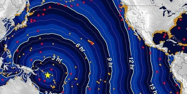 Tsunami travel time contours in hours, beginning from the earthquake origin time. Photo / Potential Tsunami Warning Center Tsunami travel time contours in hours, beginning from the earthquake origin time. Photo / Potential Tsunami Warning Center