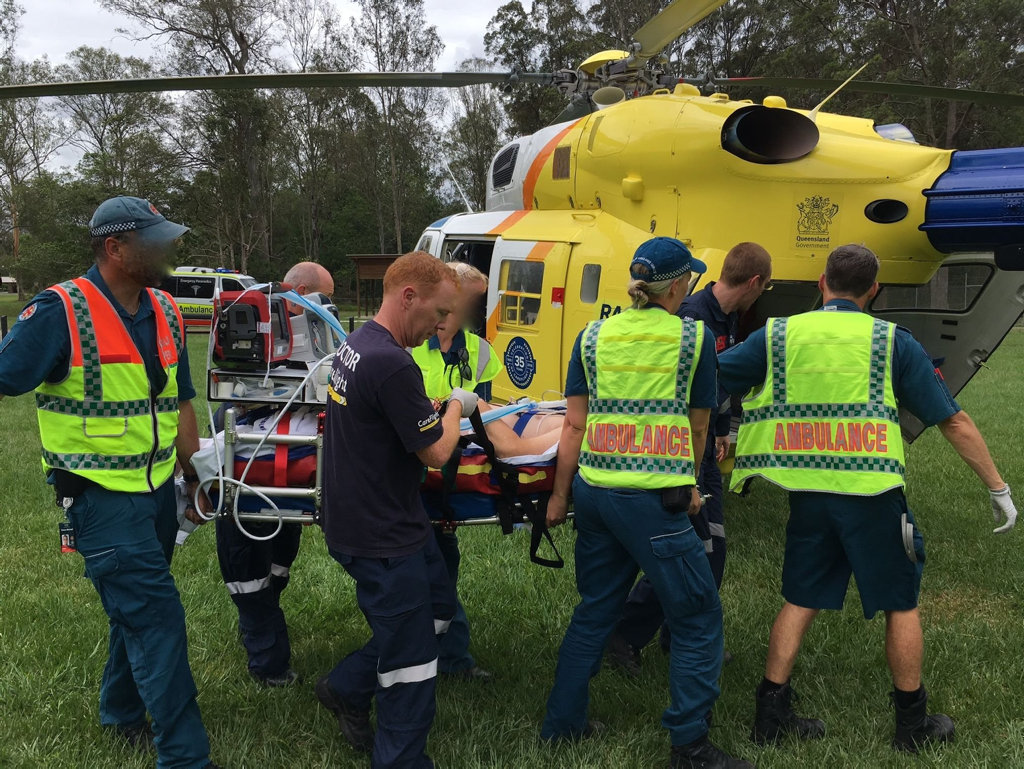 A 52-year-old motorcycle was airlifted to hospital with life-threatening injures on Saturday.