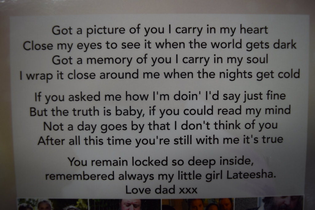 A poem written for Lateesha Nolan by her dad Mick Peet. A poem written for Lateesha Nolan by her dad Mick Peet.