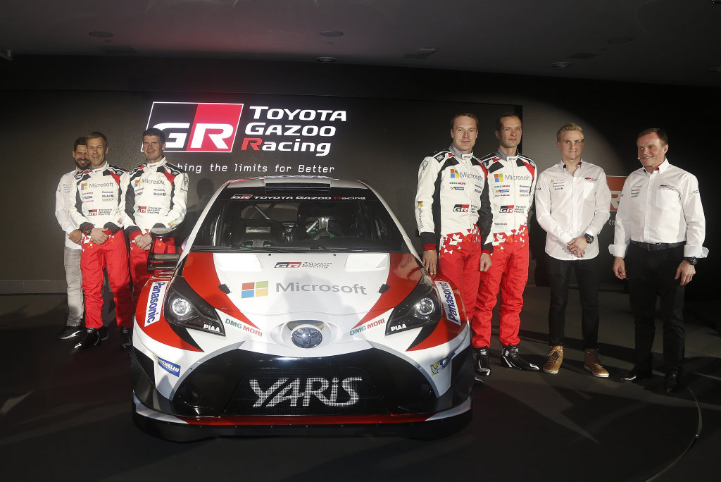 L ro R: Janne Ferm, Kaj Lindstr m, Mikka Anttila, Jari-Matti Latvala, Juho H nninen, Esapekka Lappi and Tommi M kinen with the 2017 Toyota Yaris WRC challenger. L ro R: Janne Ferm, Kaj Lindstr m, Mikka Anttila, Jari-Matti Latvala, Juho H nninen, Esapekka Lappi and Tommi M kinen with the 2017 Toyota Yaris WRC challenger.