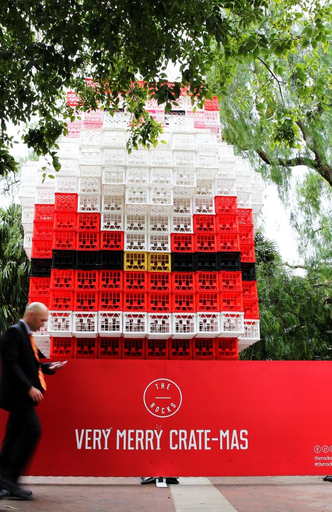 A statue of Santa has been erected made from plastic crates and bearing the slogan “Very Merry Crate-mas” in Sydney. A statue of Santa has been erected made from plastic crates and bearing the slogan “Very Merry Crate-mas” in Sydney.
