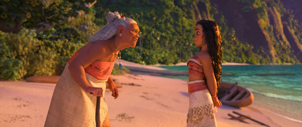 The characters Grandma Tala and Moana in a scene from the movie Moana. The characters Grandma Tala and Moana in a scene from the movie Moana.