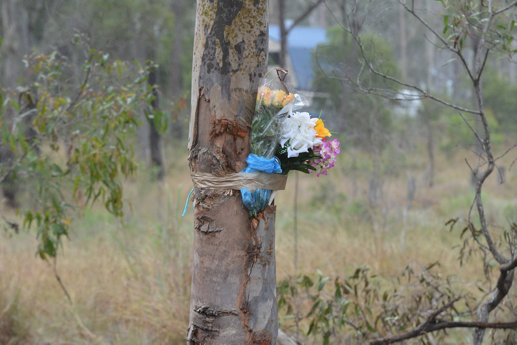 TRIBUTES LAID: Flowers are taped to the tree at the scene of a tragic crash in Bucca. TRIBUTES LAID: Flowers are taped to the tree at the scene of a tragic crash in Bucca.