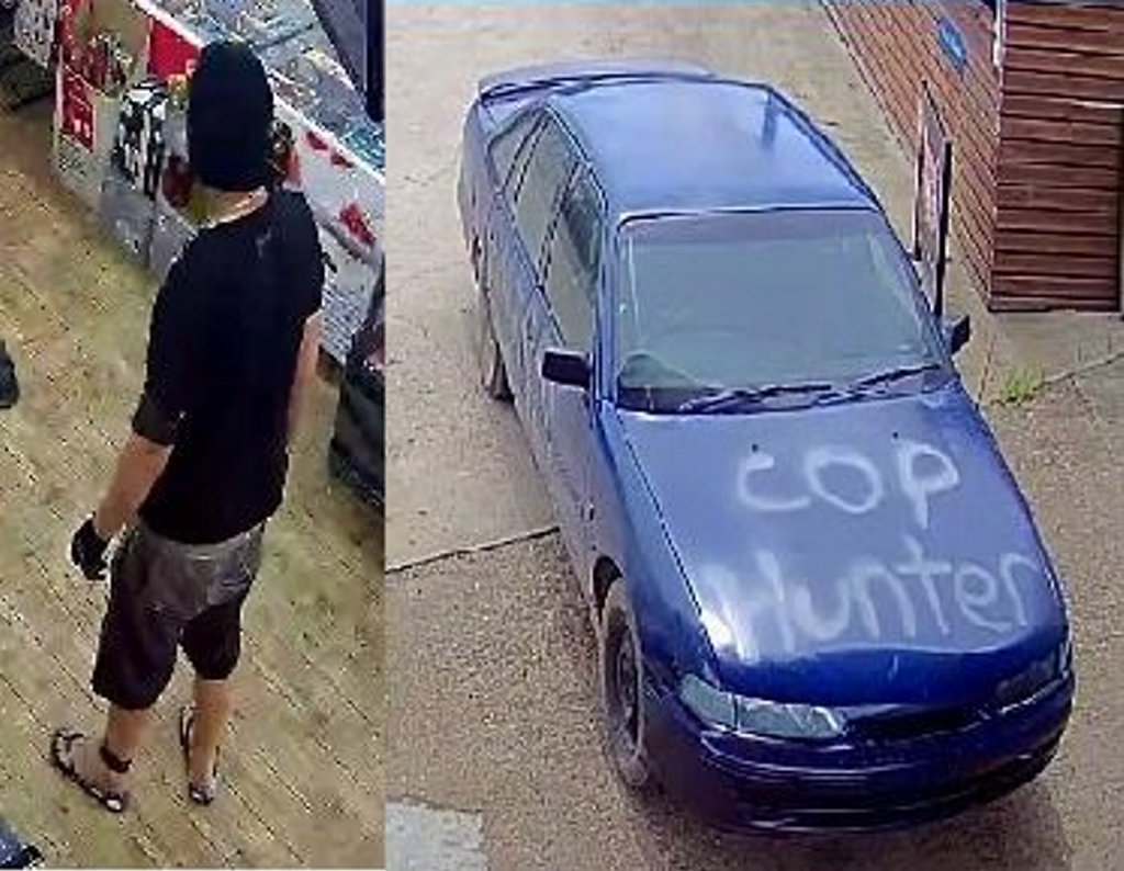 The getaway car and one of the men involved in the robbery of Glenwood Pacific Petroleum. The getaway car and one of the men involved in the robbery of Glenwood Pacific Petroleum.