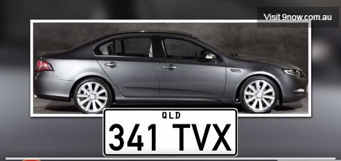 The vehicle is a 2013 black Ford Falcon sedan with Queensland registration 341 TVX. The vehicle is a 2013 black Ford Falcon sedan with Queensland registration 341 TVX.