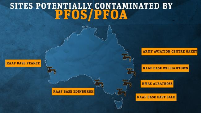 Sites around Australia contaminated by PFOS and PFOA.Source:Supplied Sites around Australia contaminated by PFOS and PFOA.Source:Supplied