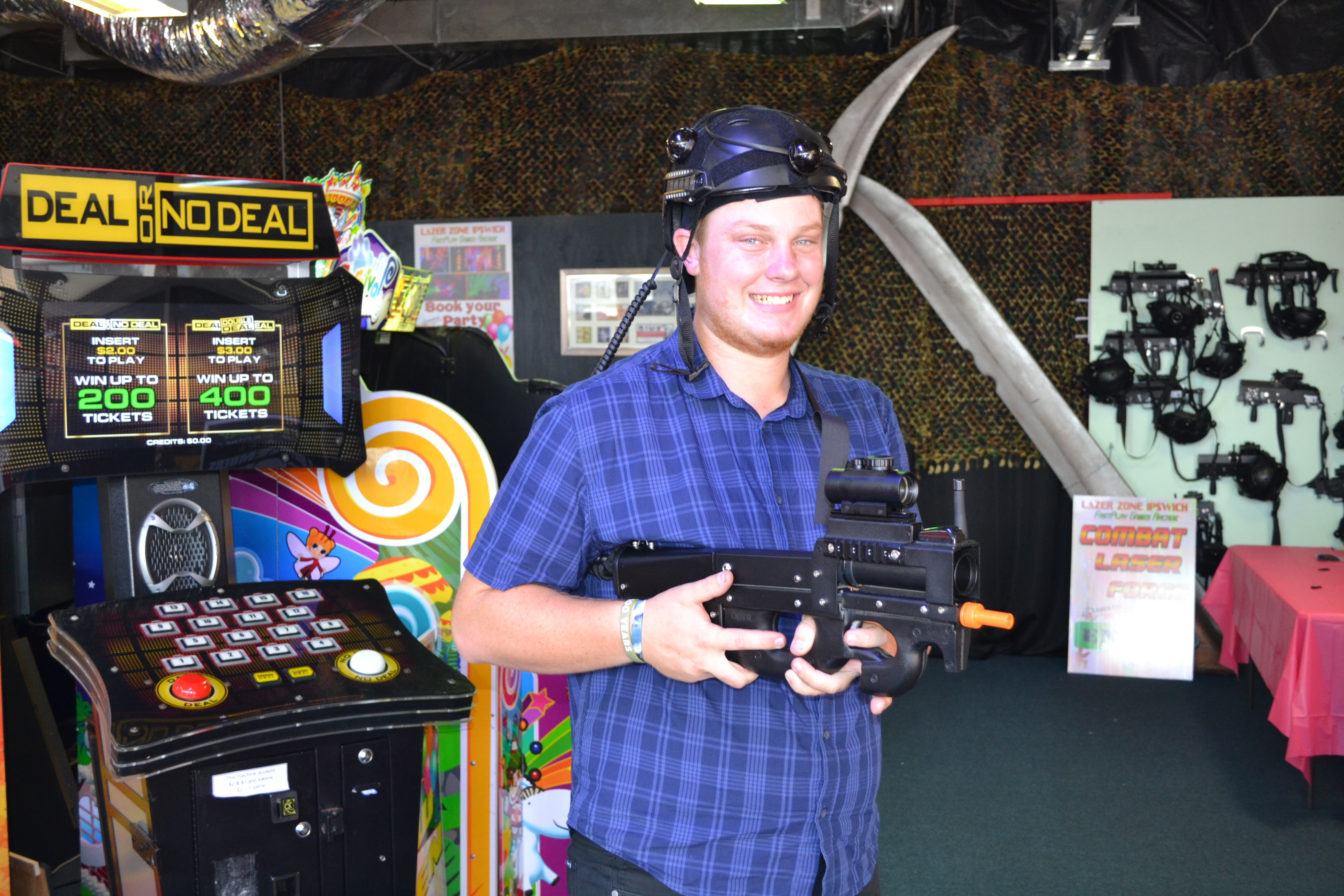Fastplay manager, Jeremy Riches, fitted up with the laser tag equipment. Fastplay manager, Jeremy Riches, fitted up with the laser tag equipment.