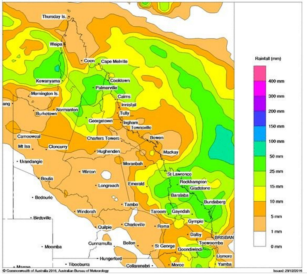 The Bureau of Meteorology's computer modelling forecasts up to 50mm of rain for the Rockhampton Region on Monday as a monsoonal trough moves through the state. There is some uncertainty about this forecast at this time. The Bureau of Meteorology's computer modelling forecasts up to 50mm of rain for the Rockhampton Region on Monday as a monsoonal trough moves through the state. There is some uncertainty about this forecast at this time.