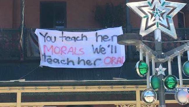 The Brass Monkey Hotel in Perth is under fire after offensive banners were hung from the balconies. Picture: Facebook/Sam Lara The Brass Monkey Hotel in Perth is under fire after offensive banners were hung from the balconies. Picture: Facebook/Sam Lara