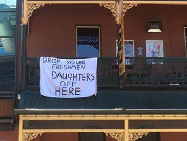 The sexist banners hung from the balconies of the Brass Monkey Hotel in Perth sparked a public backlash. Picture: Facebook/Sam LaraSource:Facebook The sexist banners hung from the balconies of the Brass Monkey Hotel in Perth sparked a public backlash. Picture: Facebook/Sam LaraSource:Facebook