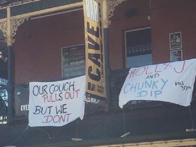 The sexist banners hung from the balconies of the Brass Monkey Hotel in Perth sparked a public backlash. Picture: Facebook/Sam LaraSource:Facebook The sexist banners hung from the balconies of the Brass Monkey Hotel in Perth sparked a public backlash. Picture: Facebook/Sam LaraSource:Facebook