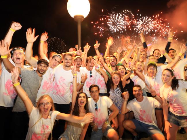 Revellers at the NYE Beach Party at the Opera Bar in Sydney. Revellers at the NYE Beach Party at the Opera Bar in Sydney.