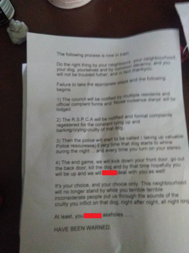 Warwick resident receives a terrifying note.