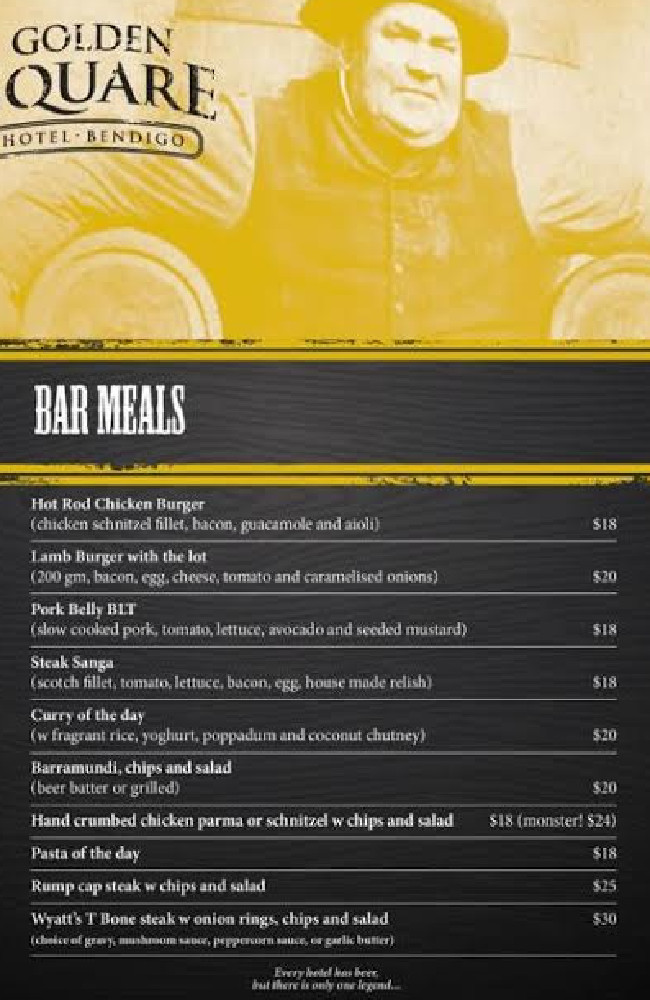 The Golden Square hotel menu lists the pasta for $18. The Golden Square hotel menu lists the pasta for $18.
