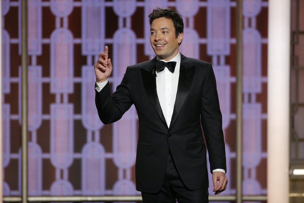 This image released by NBC shows host Jimmy Fallon at the 74th Annual Golden Globe Awards at the Beverly Hilton Hotel in Beverly Hills, Calif., on Sunday, Jan. 8, 2017. This image released by NBC shows host Jimmy Fallon at the 74th Annual Golden Globe Awards at the Beverly Hilton Hotel in Beverly Hills, Calif., on Sunday, Jan. 8, 2017.