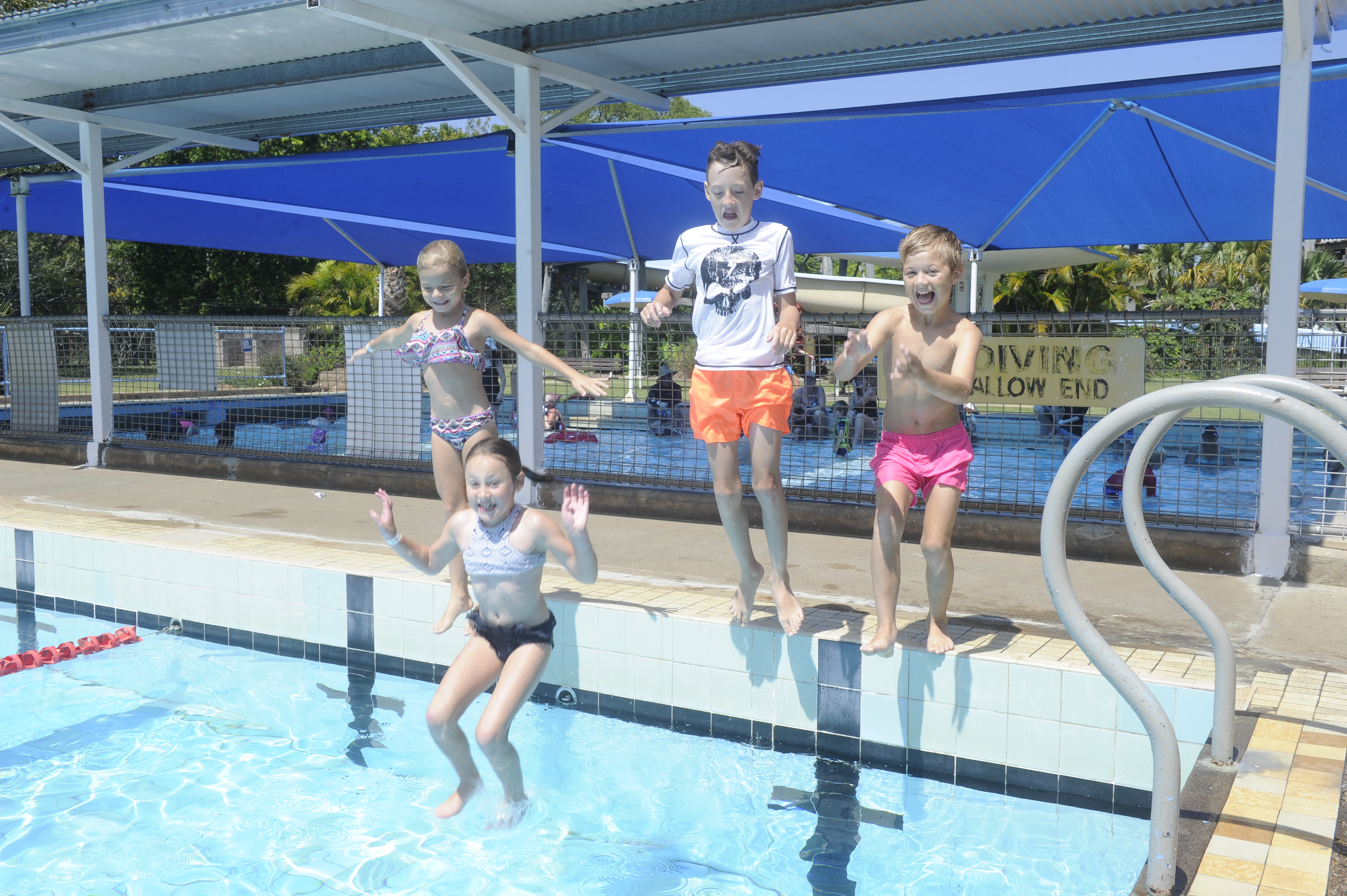 Chloe Webb, Ruby Want, Tristan Want and Jesse Webb stay cool in the Grafton Pool today.