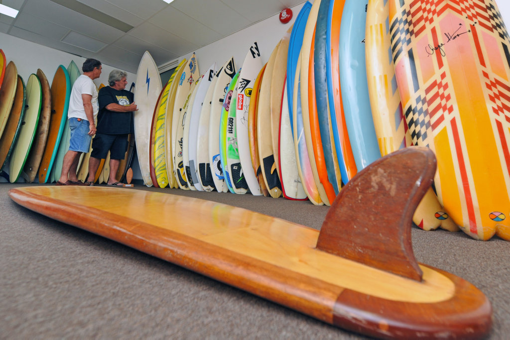 Surf legends Gary O'Donnell (black shirt) and Laurie Jarman (white shirt) check out some of the classic surfboards ahead of a new surf culture exhibition coming to the Sunshine Coast. Photo: Iain Curry / Sunshine Coast Daily Surf legends Gary O'Donnell (black shirt) and Laurie Jarman (white shirt) check out some of the classic surfboards ahead of a new surf culture exhibition coming to the Sunshine Coast. Photo: Iain Curry / Sunshine Coast Daily