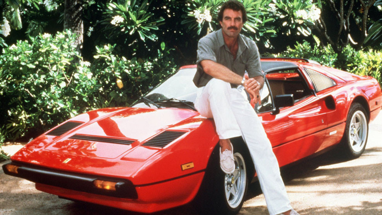 Tom Selleck in Magnum P.I. with his trusty 'side-kick' Ferrari. Tom Selleck in Magnum P.I. with his trusty 'side-kick' Ferrari.