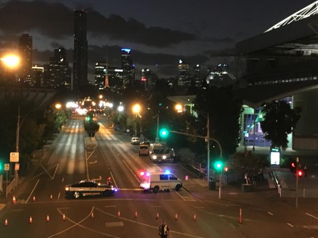 Olympic Boulevard closed outside Melbourne Park. Olympic Boulevard closed outside Melbourne Park.