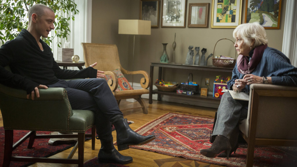 James McAvoy and Betty Buckley in a scene from the movie Split. James McAvoy and Betty Buckley in a scene from the movie Split.