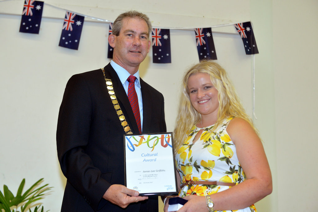 Australia day awards and Citizenship ceremony in Gympie Mayor Mick Curran presents Cultural award to Jamie-Lee Griffiths. Australia day awards and Citizenship ceremony in Gympie Mayor Mick Curran presents Cultural award to Jamie-Lee Griffiths.