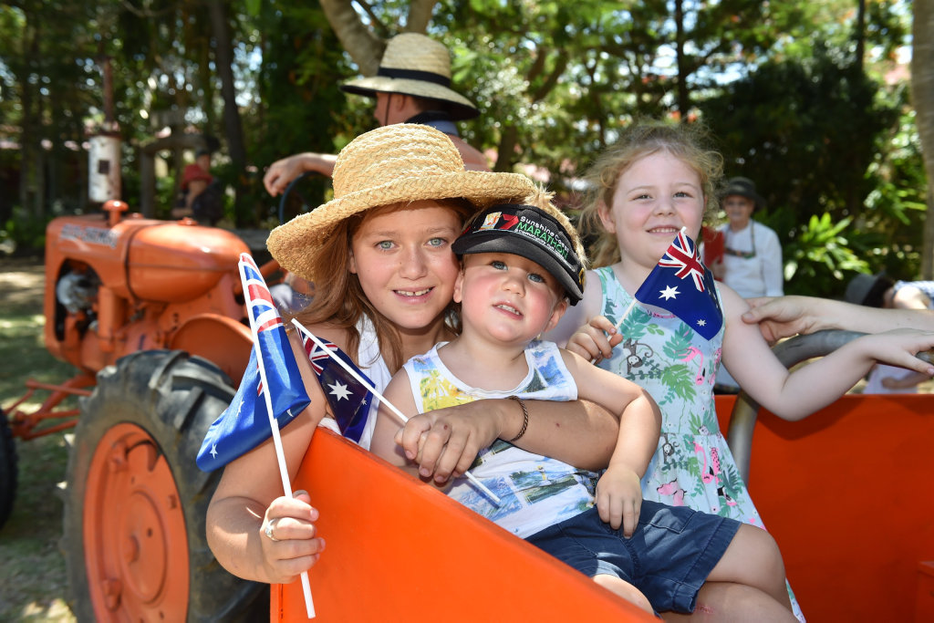 Australia Day at the Hervey Bay Historical Village and Museum - (L) Ella-Blue and Jai Hoodless and Charlotte O'Sullivan from Hervey Bay on the tractor ride. Australia Day at the Hervey Bay Historical Village and Museum - (L) Ella-Blue and Jai Hoodless and Charlotte O'Sullivan from Hervey Bay on the tractor ride.