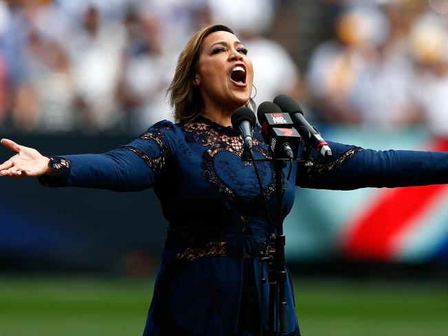 Kate Ceberano can sing the Anthem. But wouldn’t you rather she was given a better song instead? Picture: Wayne Ludbey
Kate Ceberano can sing the Anthem. But wouldn’t you rather she was given a better song instead? Picture: Wayne Ludbey