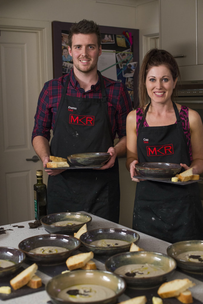 Tasmania's Damo and Caz Aherne pictured during their instant restaurant on My Kitchen Rules. Tasmania's Damo and Caz Aherne pictured during their instant restaurant on My Kitchen Rules.