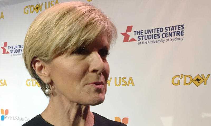 Foreign Minister Julia Bishop talks to reporters at a G'day USA event in Los Angeles on Thursday, Jan. 26, 2017. Foreign Minister Julia Bishop talks to reporters at a G'day USA event in Los Angeles on Thursday, Jan. 26, 2017.