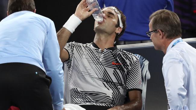Roger Federer needed treatment on his quad during the fifth set. Roger Federer needed treatment on his quad during the fifth set.