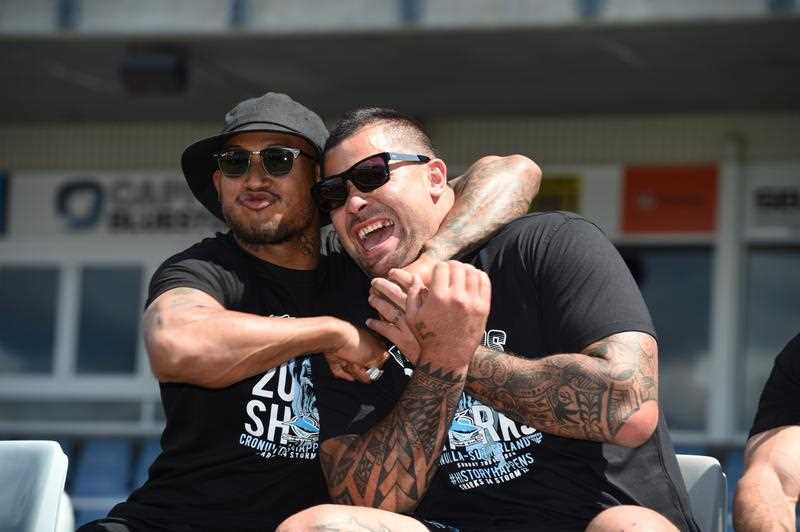 Cronulla Sharks Ben Barba and Andrew Fifita at a fan day at Southern Cross Group Stadium, after they defeated the Melbourne Storm in the 2016 NRL Grand Final in Sydney. Cronulla Sharks Ben Barba and Andrew Fifita at a fan day at Southern Cross Group Stadium, after they defeated the Melbourne Storm in the 2016 NRL Grand Final in Sydney.