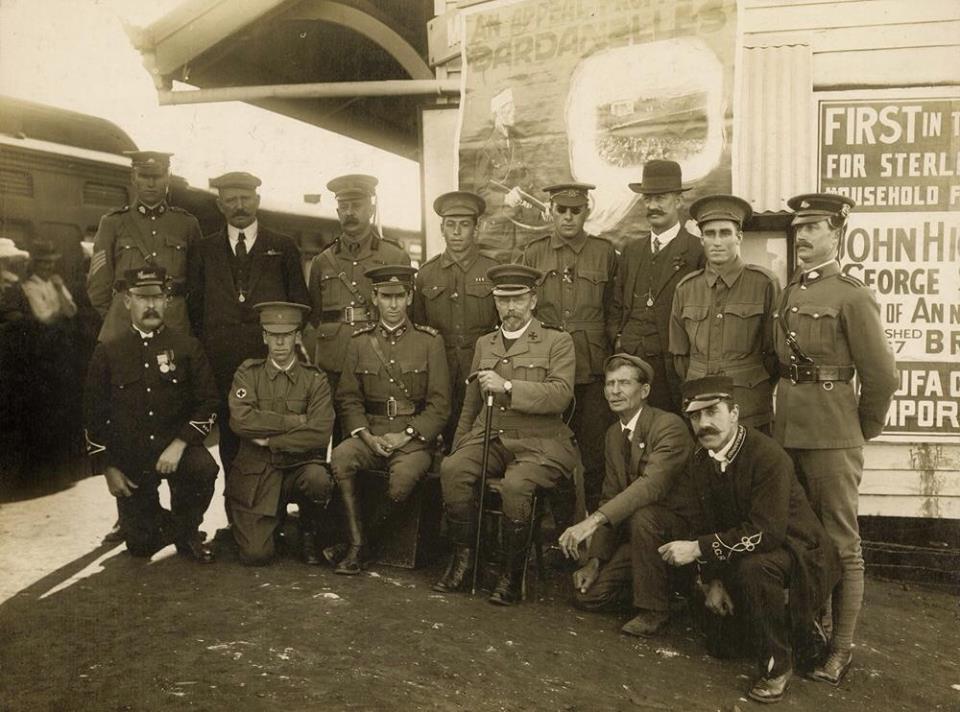 Pvt Hurtle Patterson, back row, 5th from left, wearing dark glasses after losing vision in his left eye at Gallipoli. Pvt Hurtle Patterson, back row, 5th from left, wearing dark glasses after losing vision in his left eye at Gallipoli.